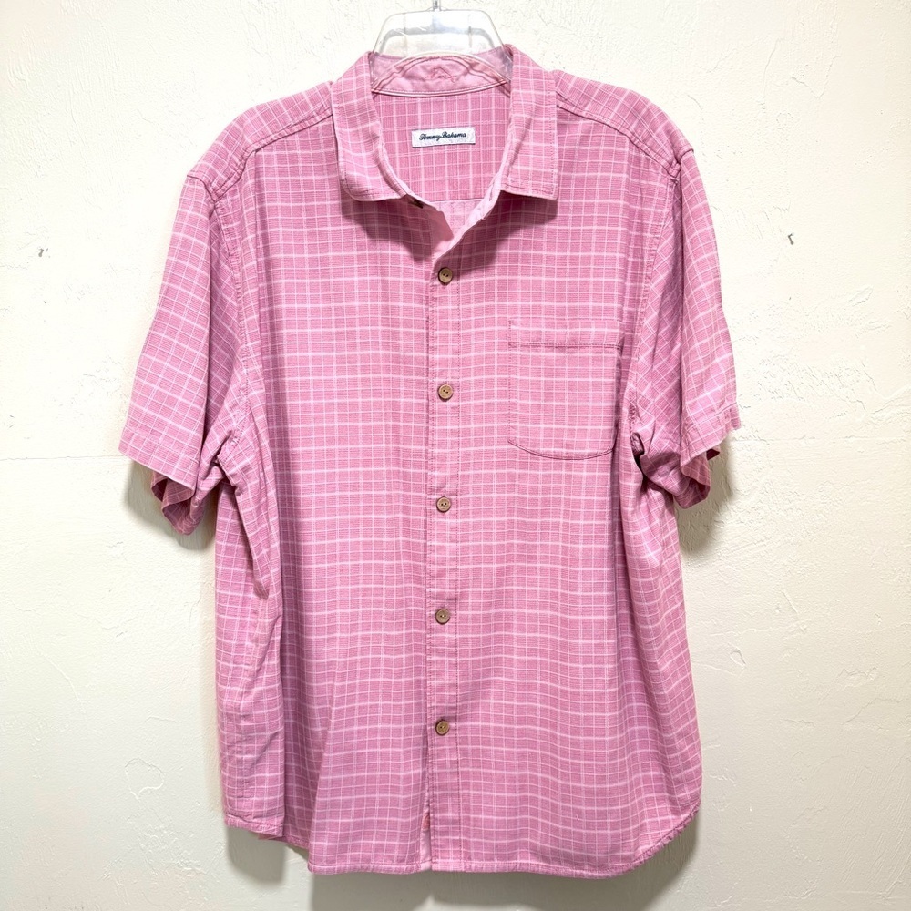 Tommy Bahama 100% silk pink windowpane plaid button down shirt Resort size XL​​​